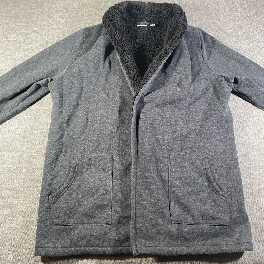 L.L.Bean Sweater Coat Cardigan Open Frontβ Fleece Lined Pockets Gray Womens L